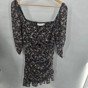 Astr Black Purple Floral Ditsy Midriff Cutout Asymmetrical Hem Mini Dress Medium